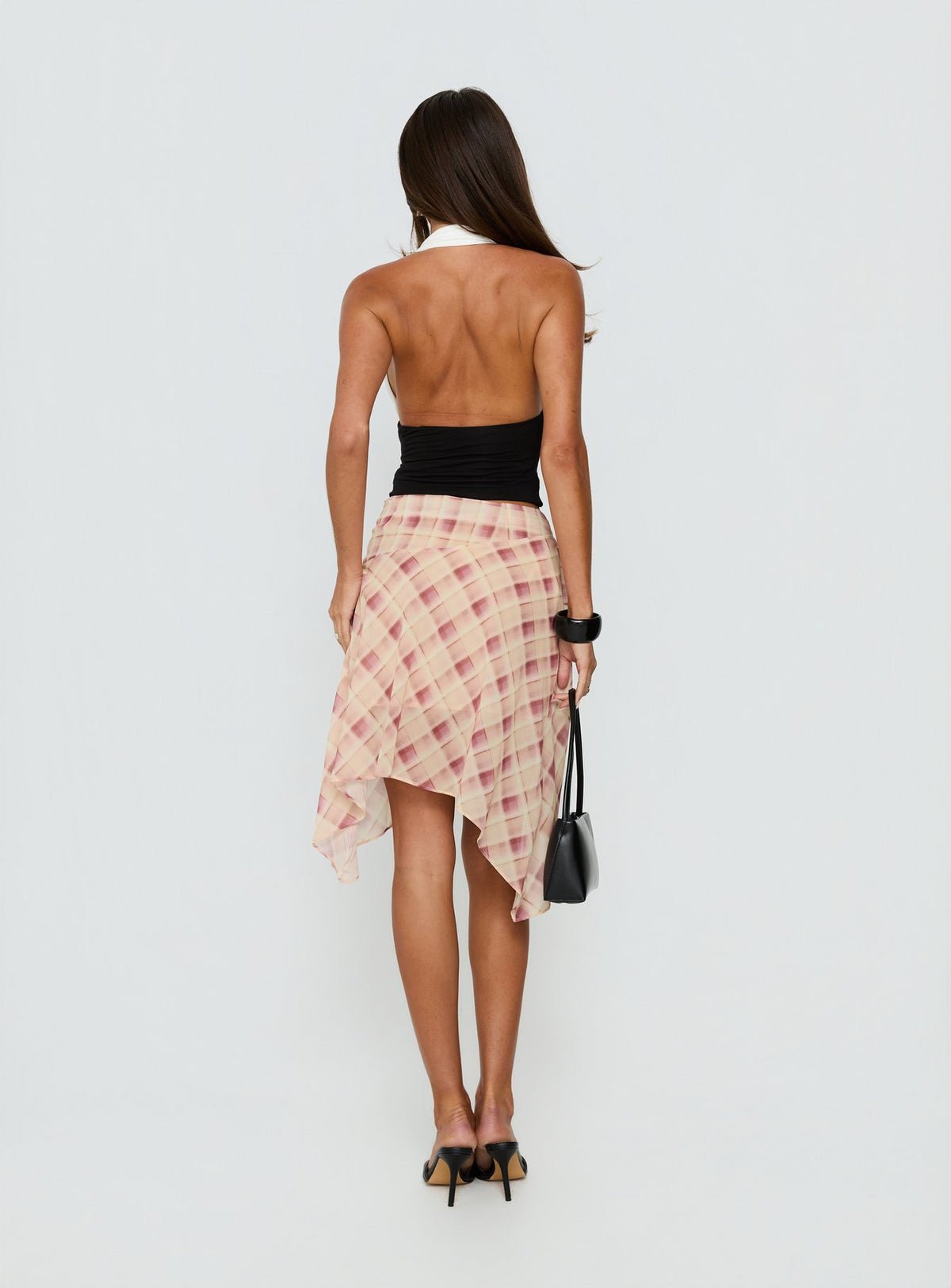 Check chiffon waterfall midi skirt