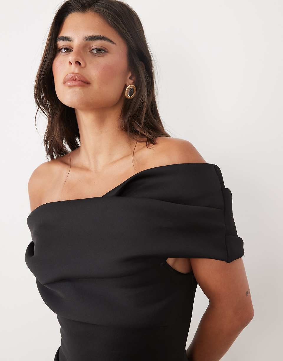 Robe longue bardot avec fente en tissu scuba noir