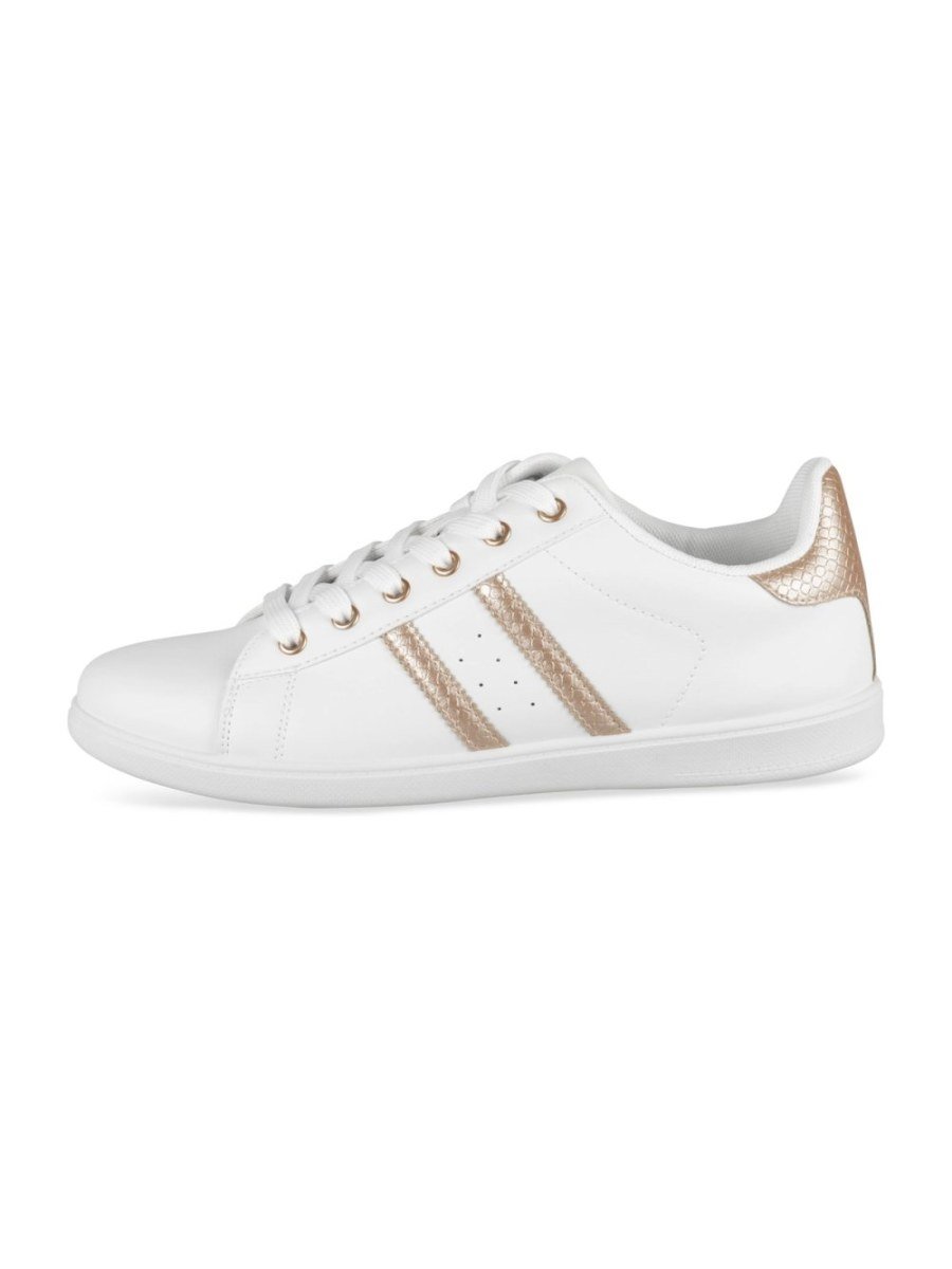 White sneakers with gold side stripes