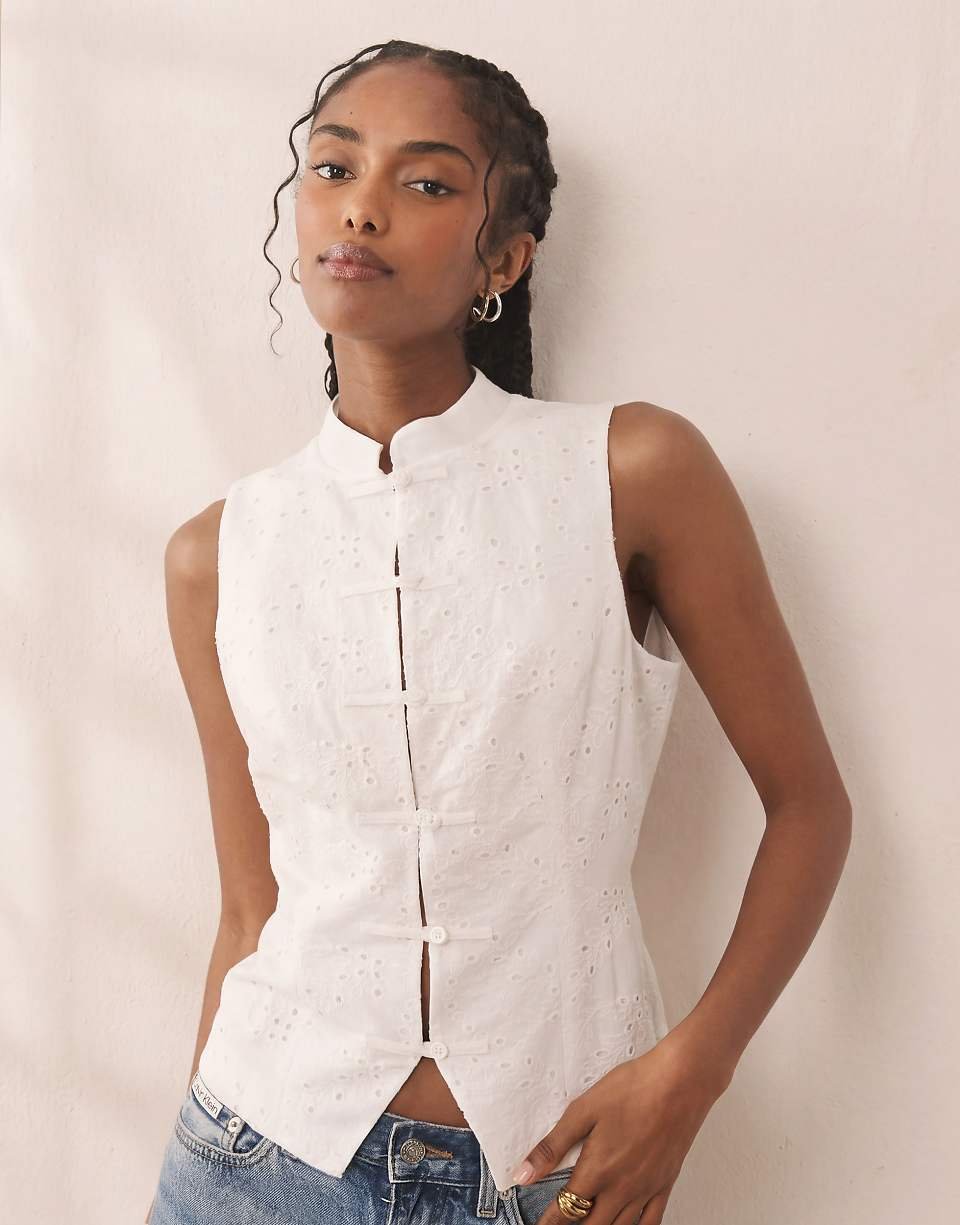 Débardeur en broderie anglaise à col mao - Ivoire