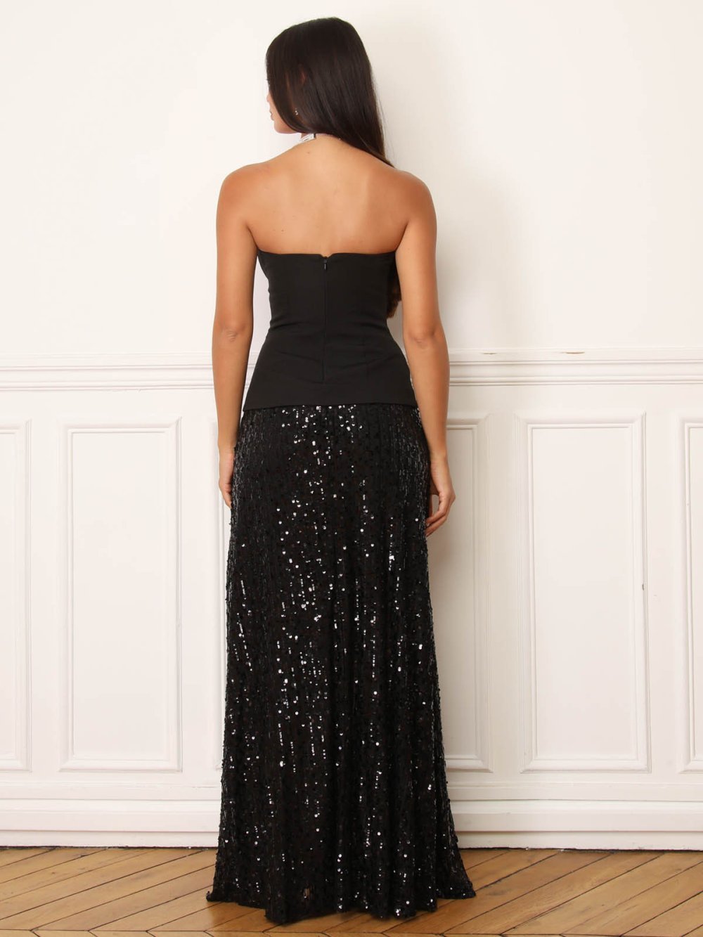 Black strapless maxi dress with sequin skirt