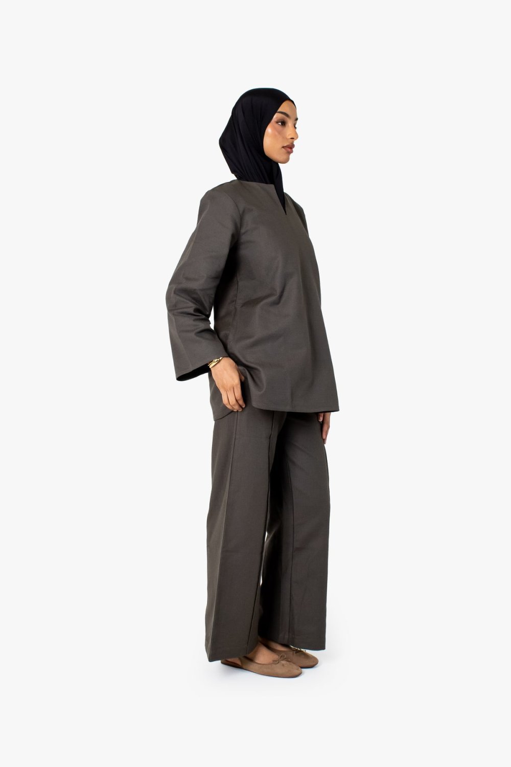 Pantalon large en coton à pli marqué - Taupe foncé