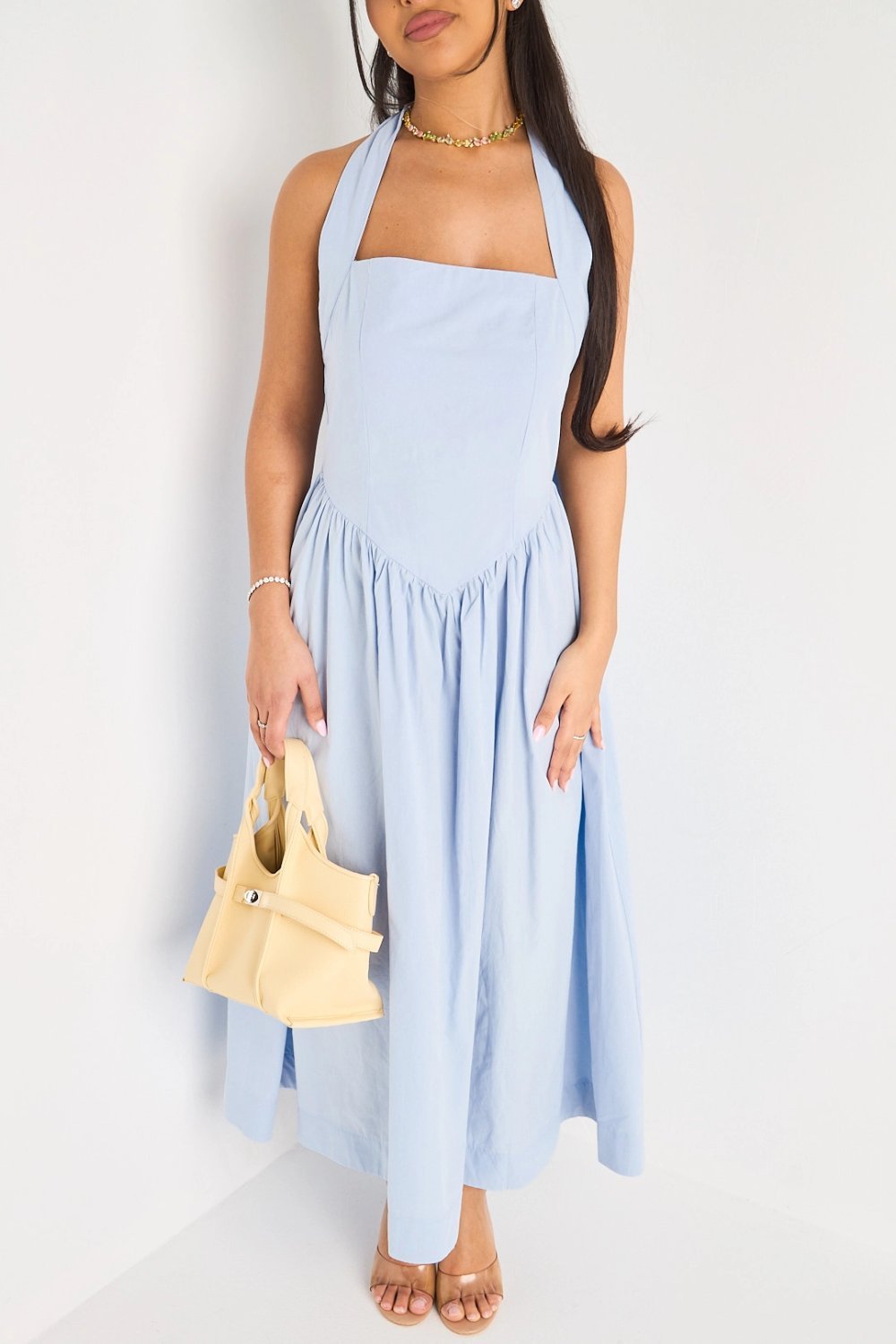 Robe longue dos nu col carré bleue