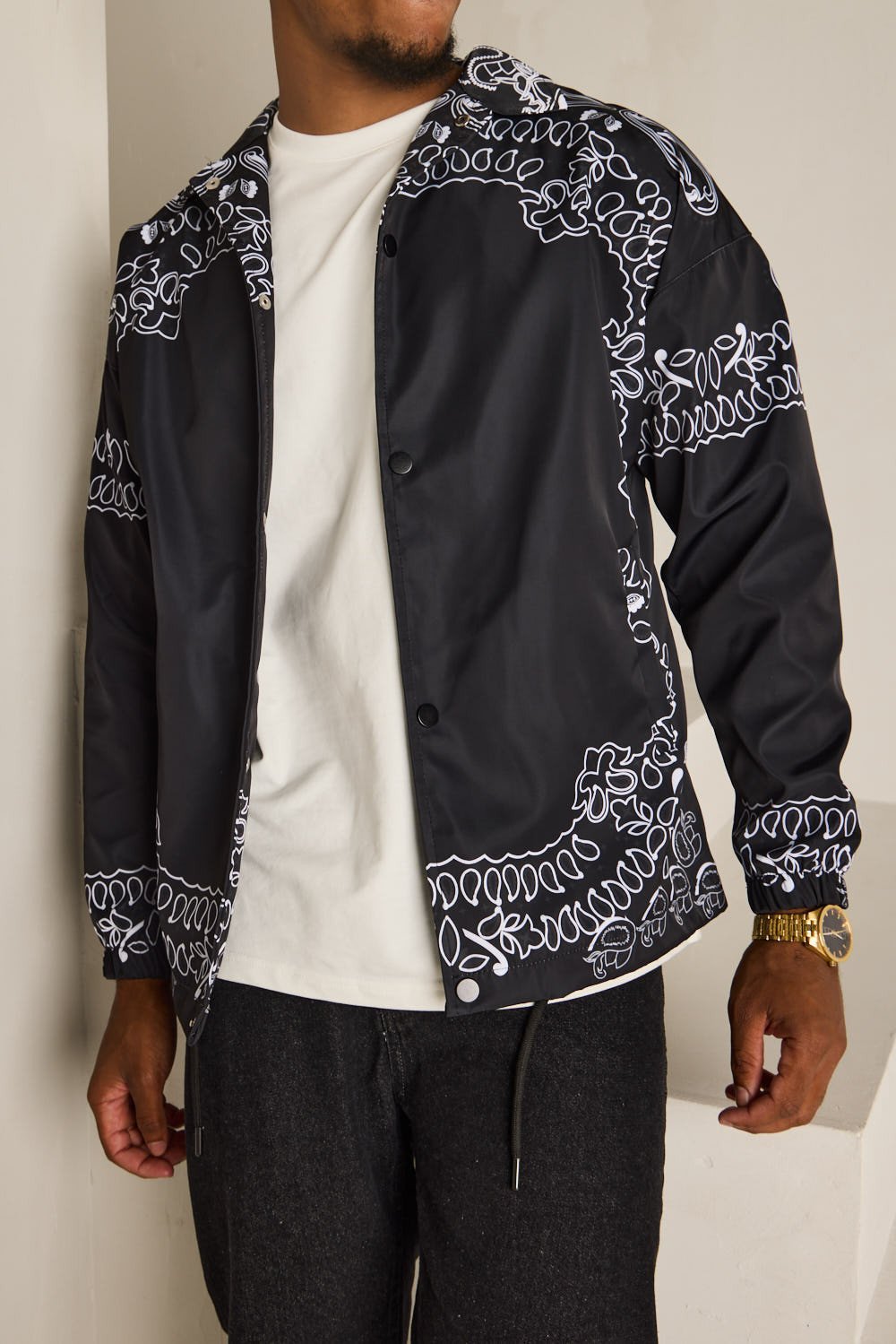 Black paisley jacket with drawstring