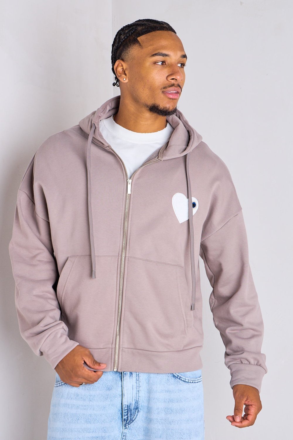 Grey zip-up hooded jacket with heart embroidery