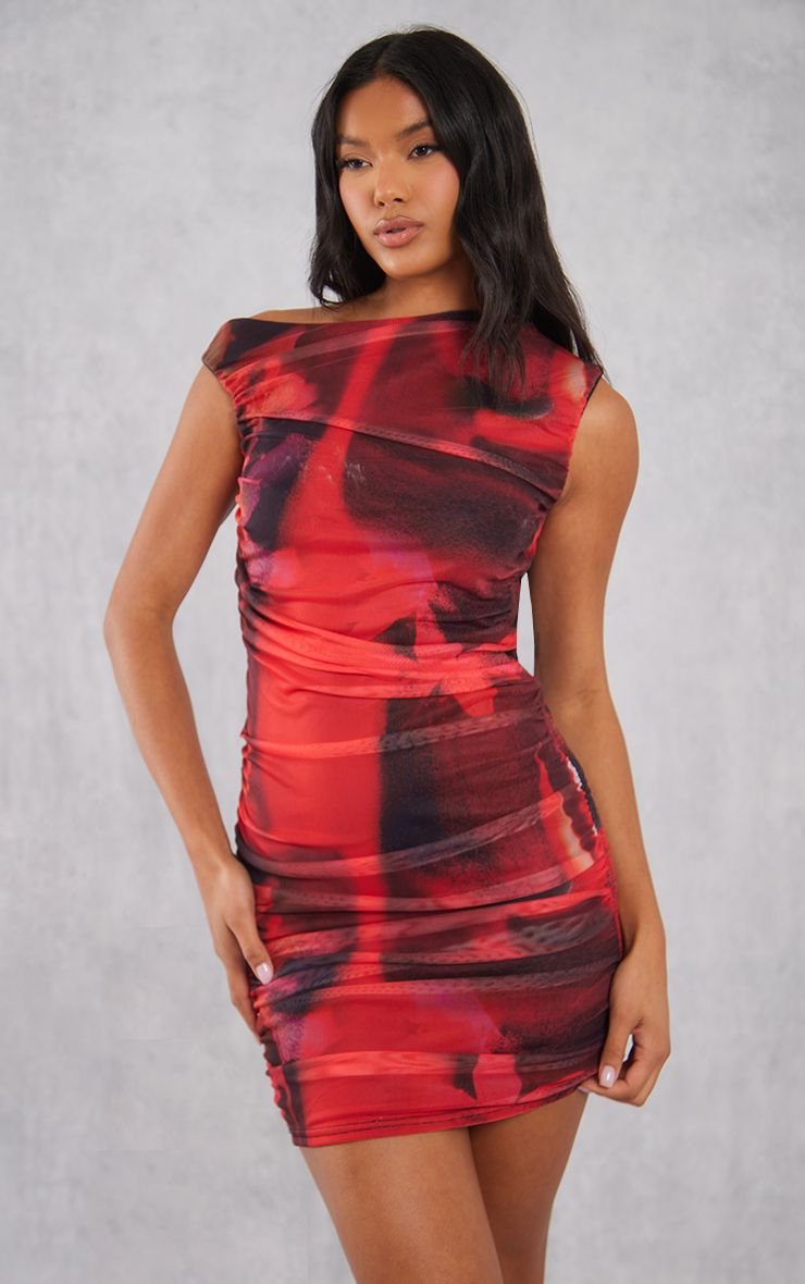 Robe Moulante Froncée En Mesh À Imprimé Floral