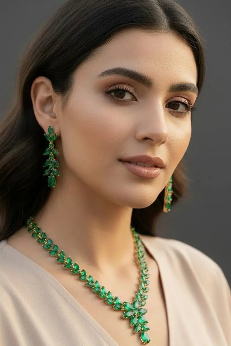 Parure feuillage en cristaux vert émeraude
