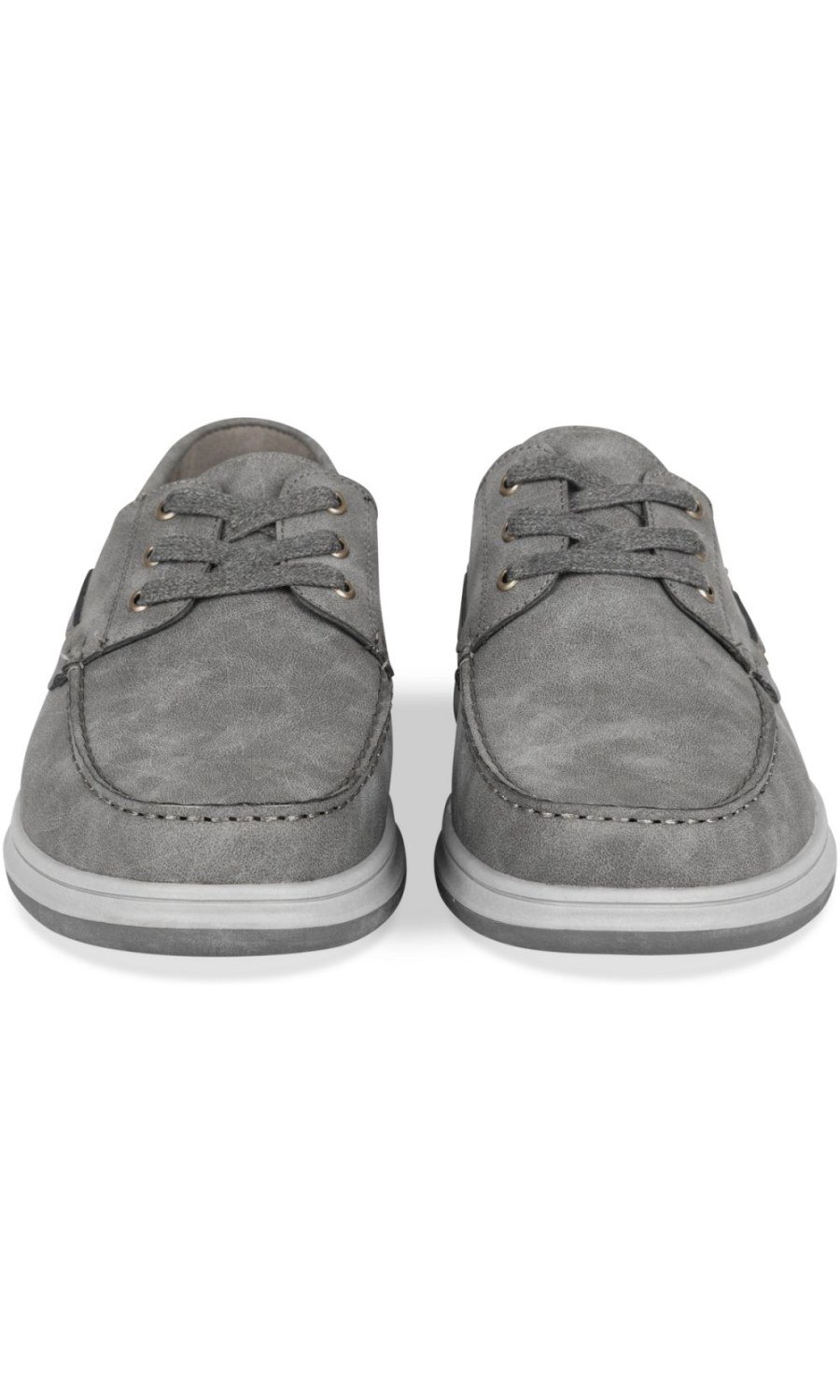 Grey boat shoes with white sole