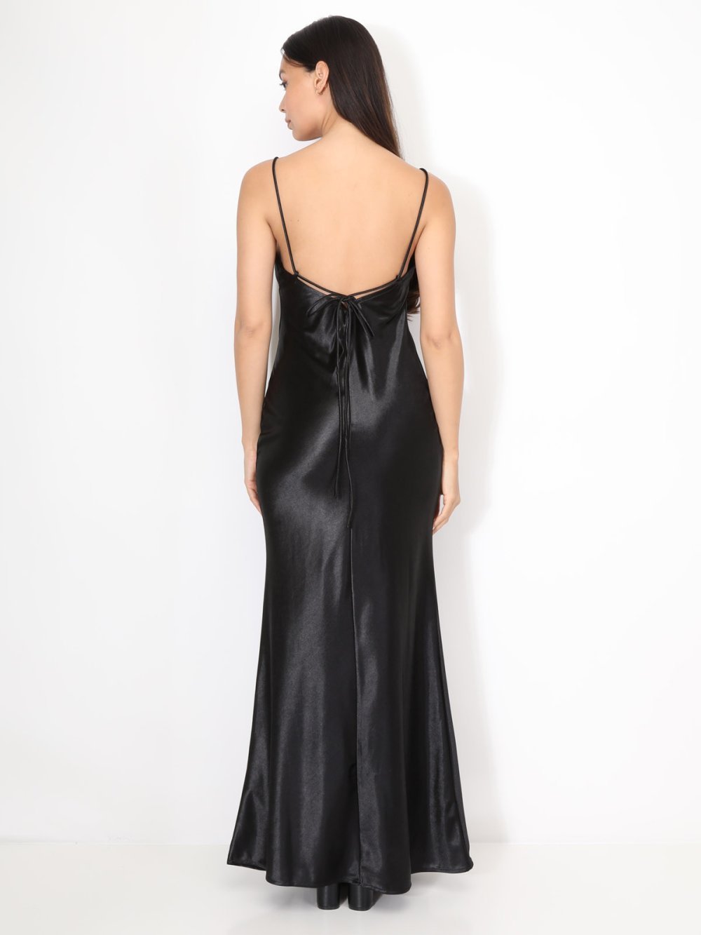 Black satin maxi dress with cowl neck and split