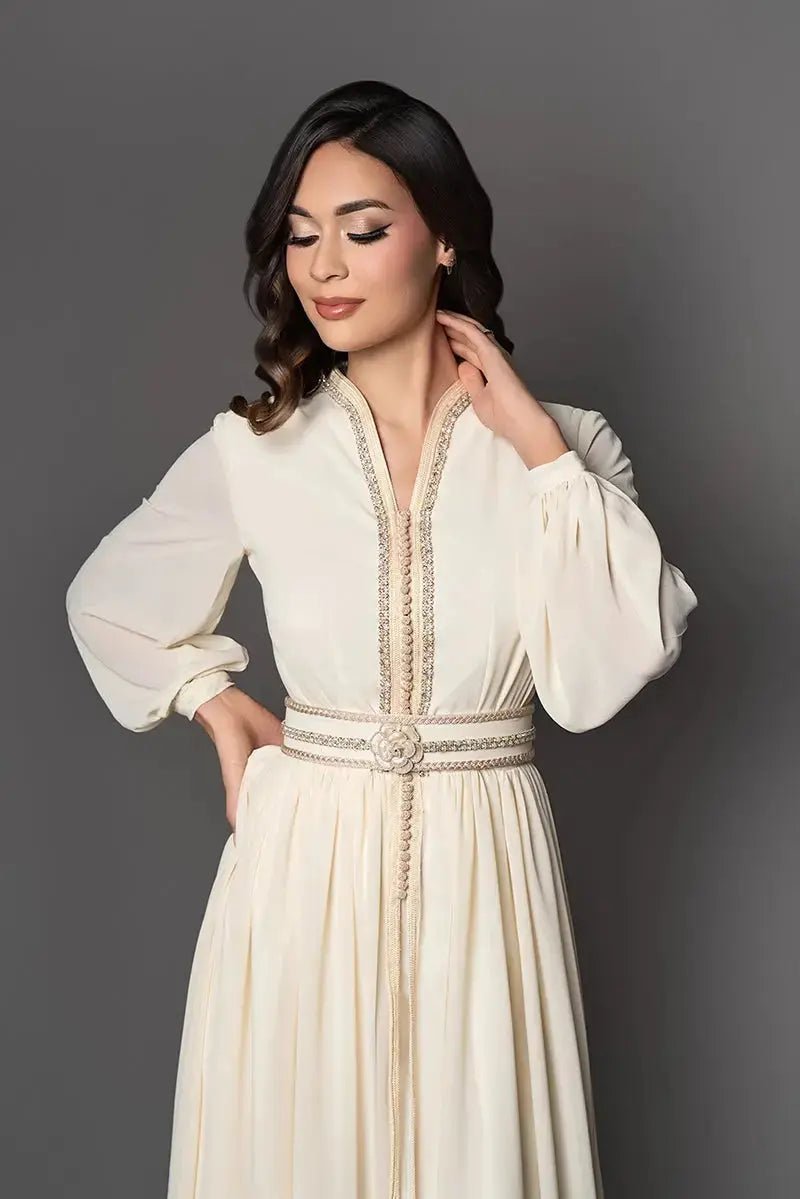 Ivory chiffon caftan with satin trousers