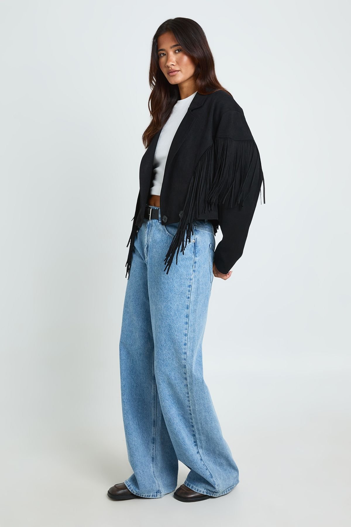 Veste en similicuir à détails franges