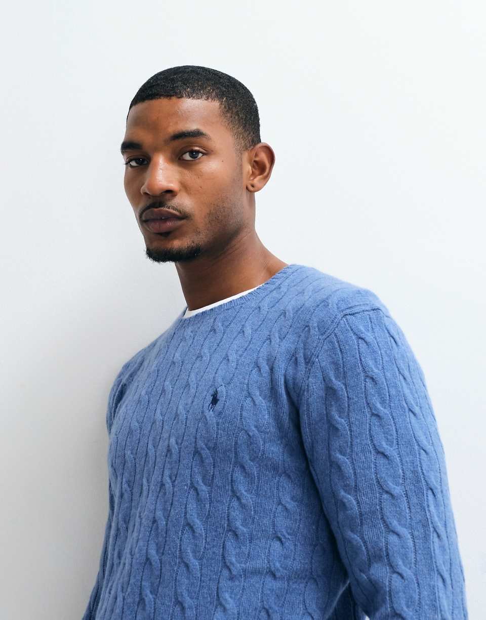 Blue cable knit wool jumper with icon logo