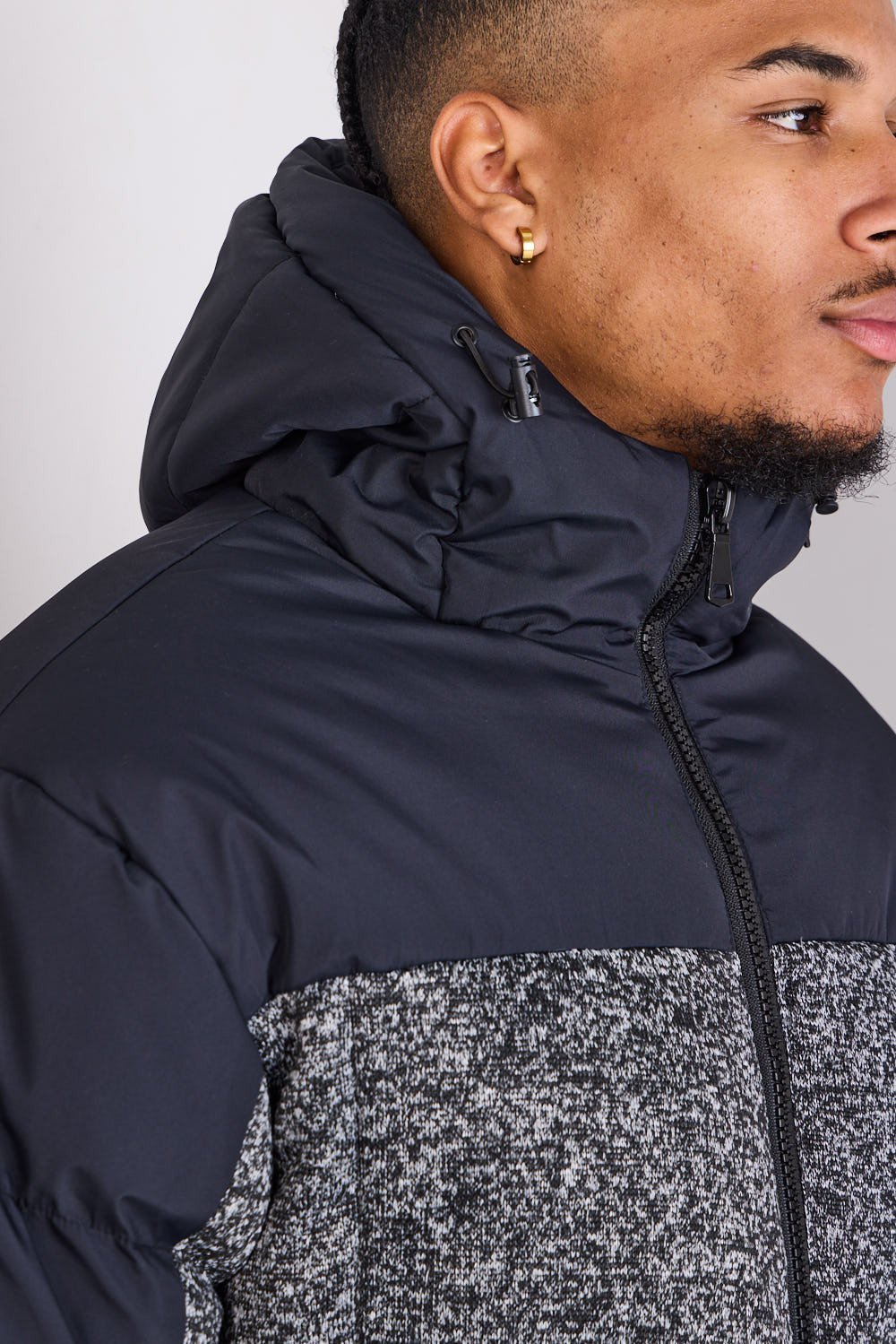 Black hooded puffer with marl panel