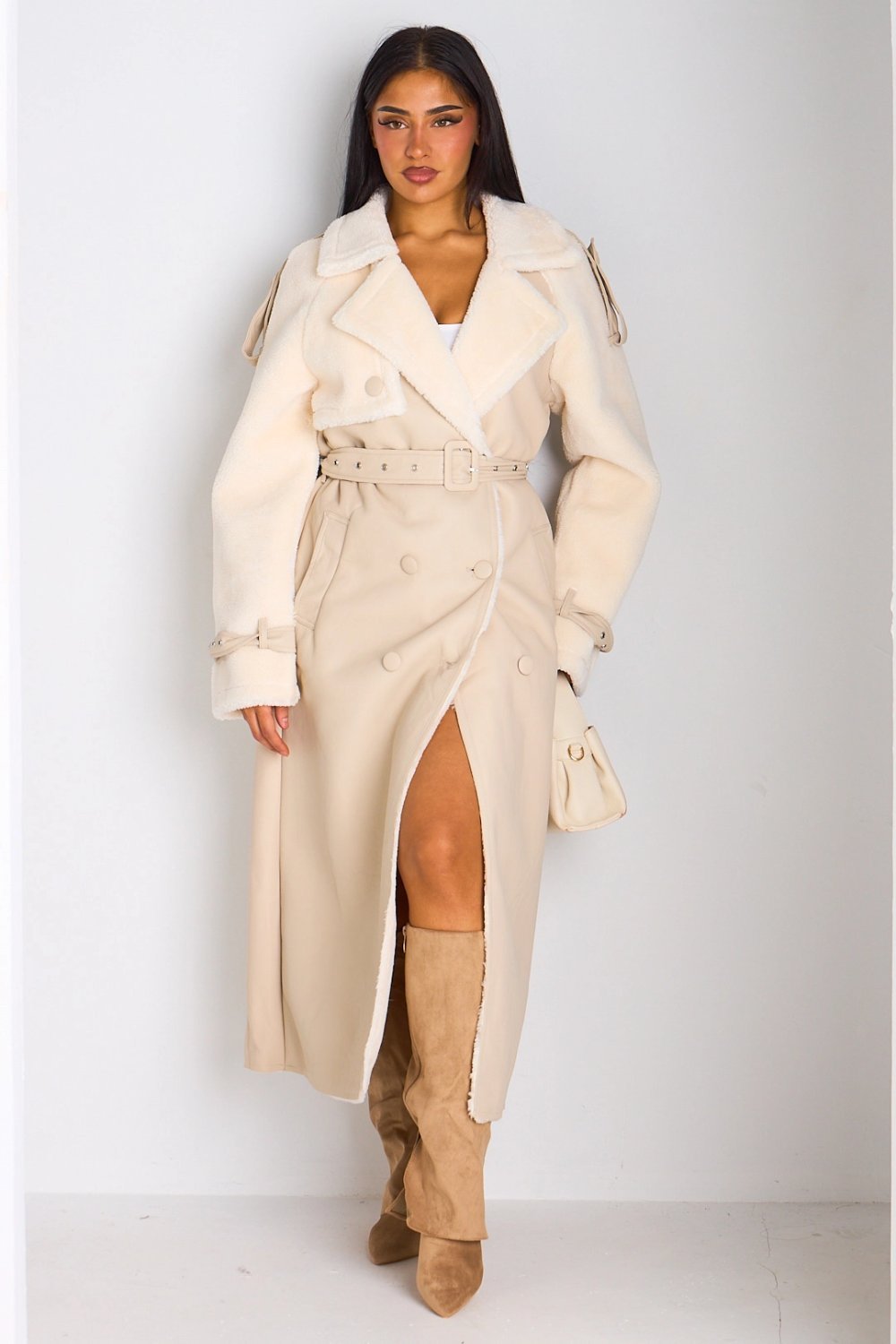 Manteau twil simili cuir w polaire beige