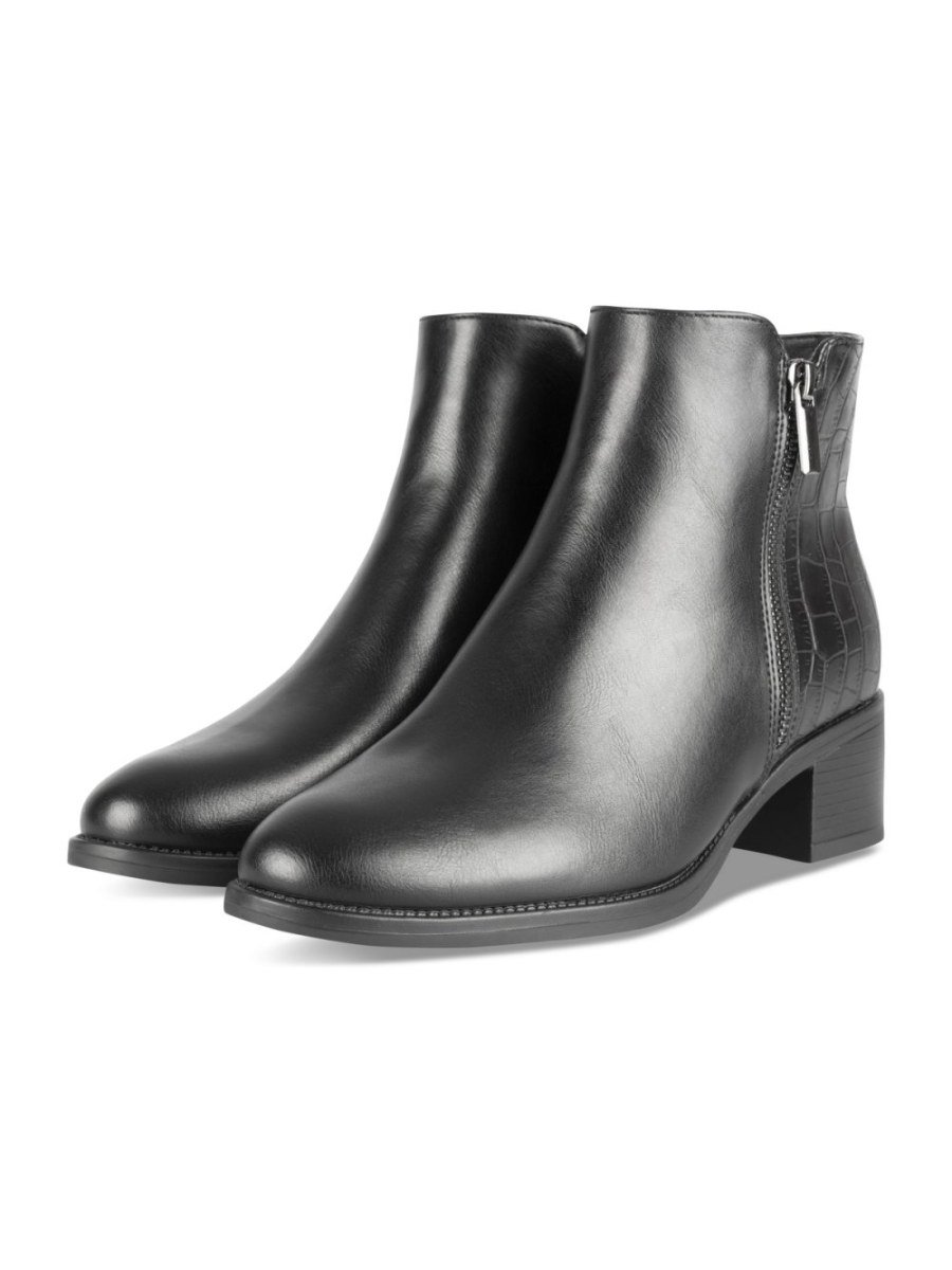 Bottines talon carré effet croco noires