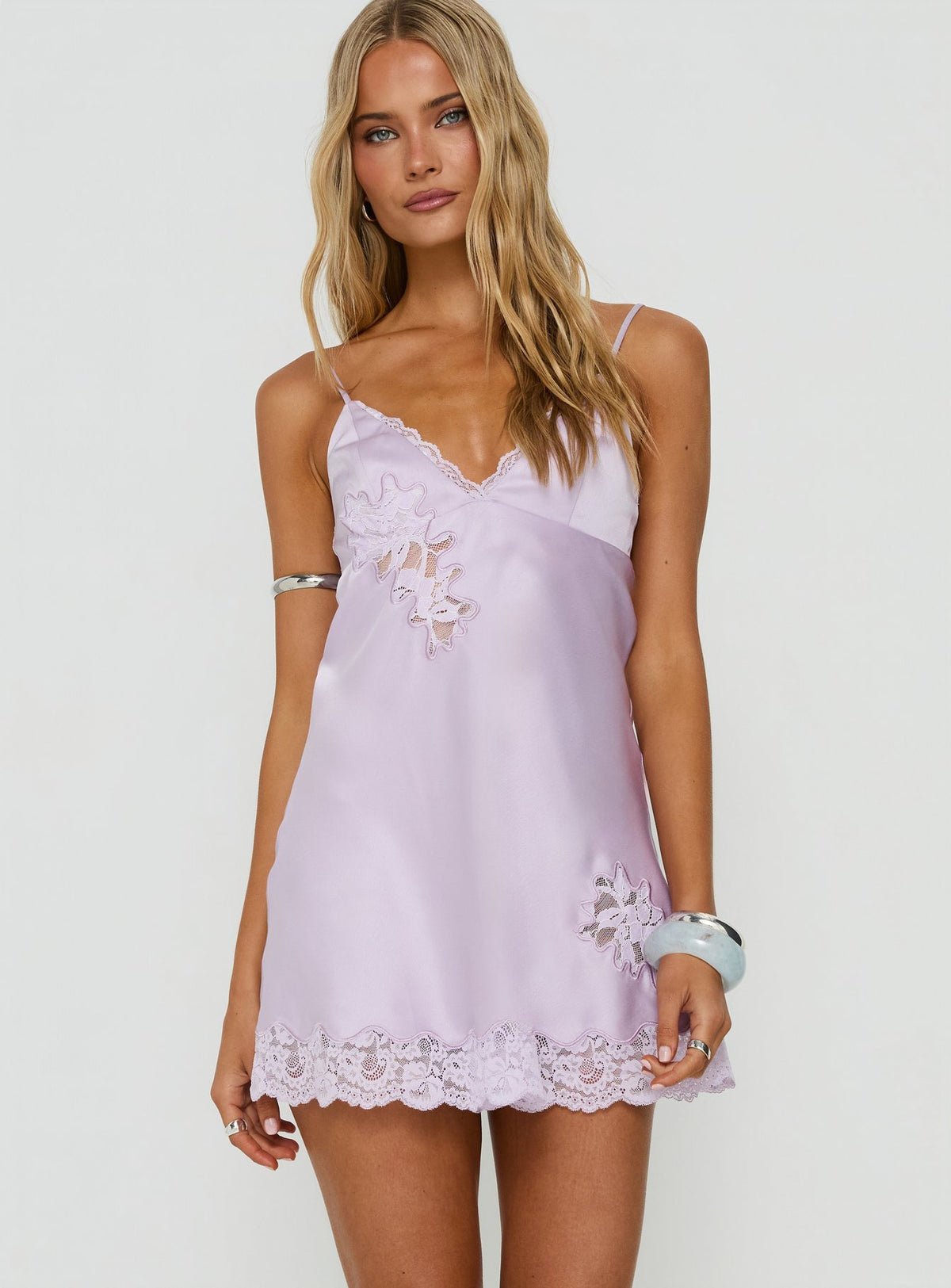 Satin and lace v-neck mini dress