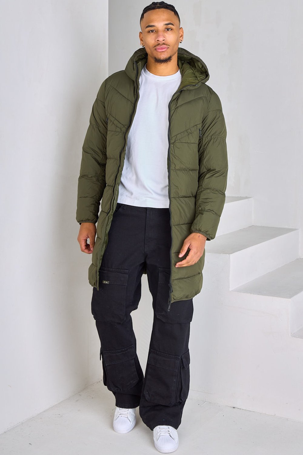 Khaki long quilted puffer jacket with hood