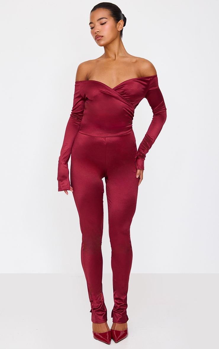 Satin Bardot split hem jumpsuit