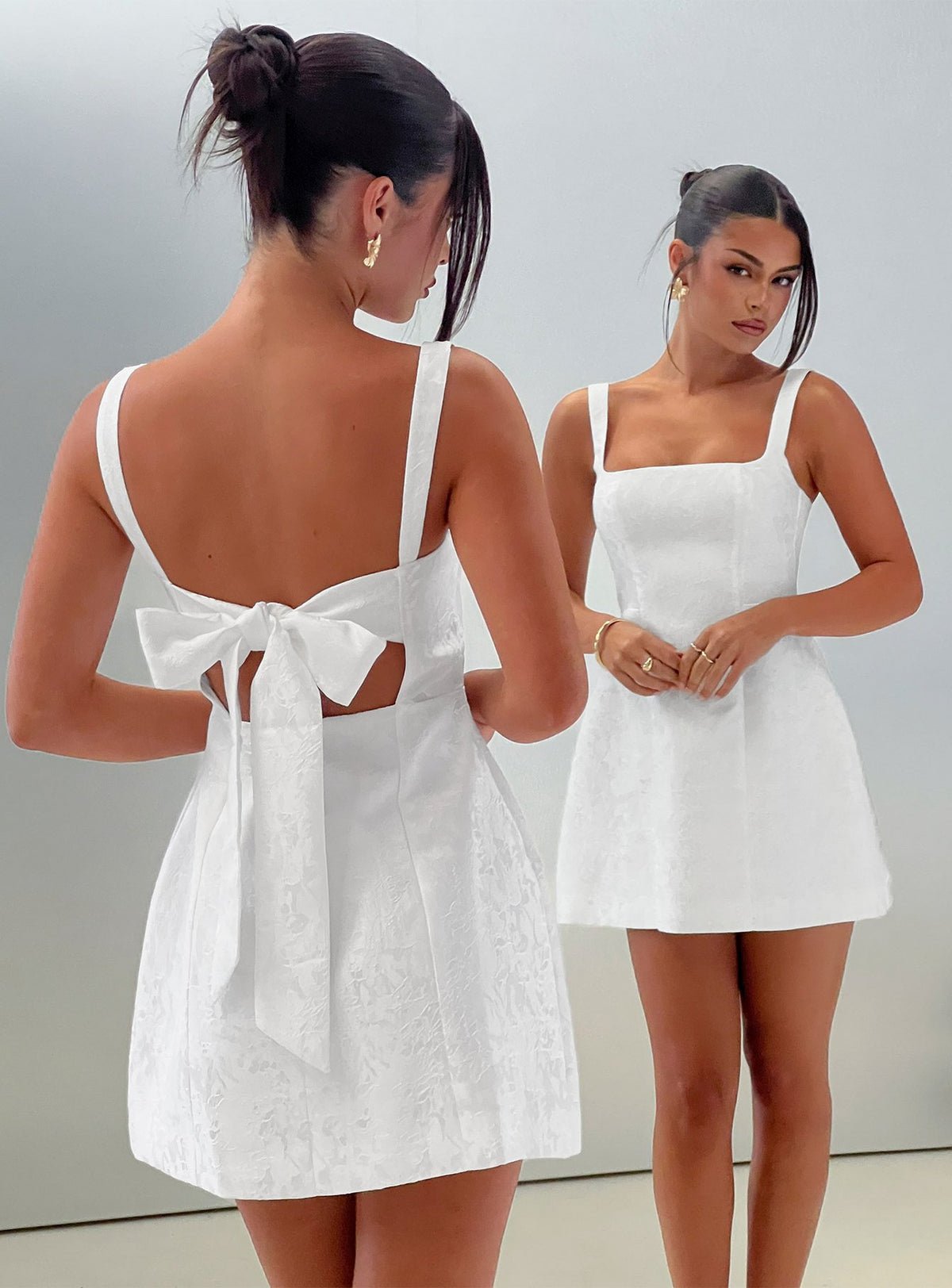 Square neck mini dress with bow back