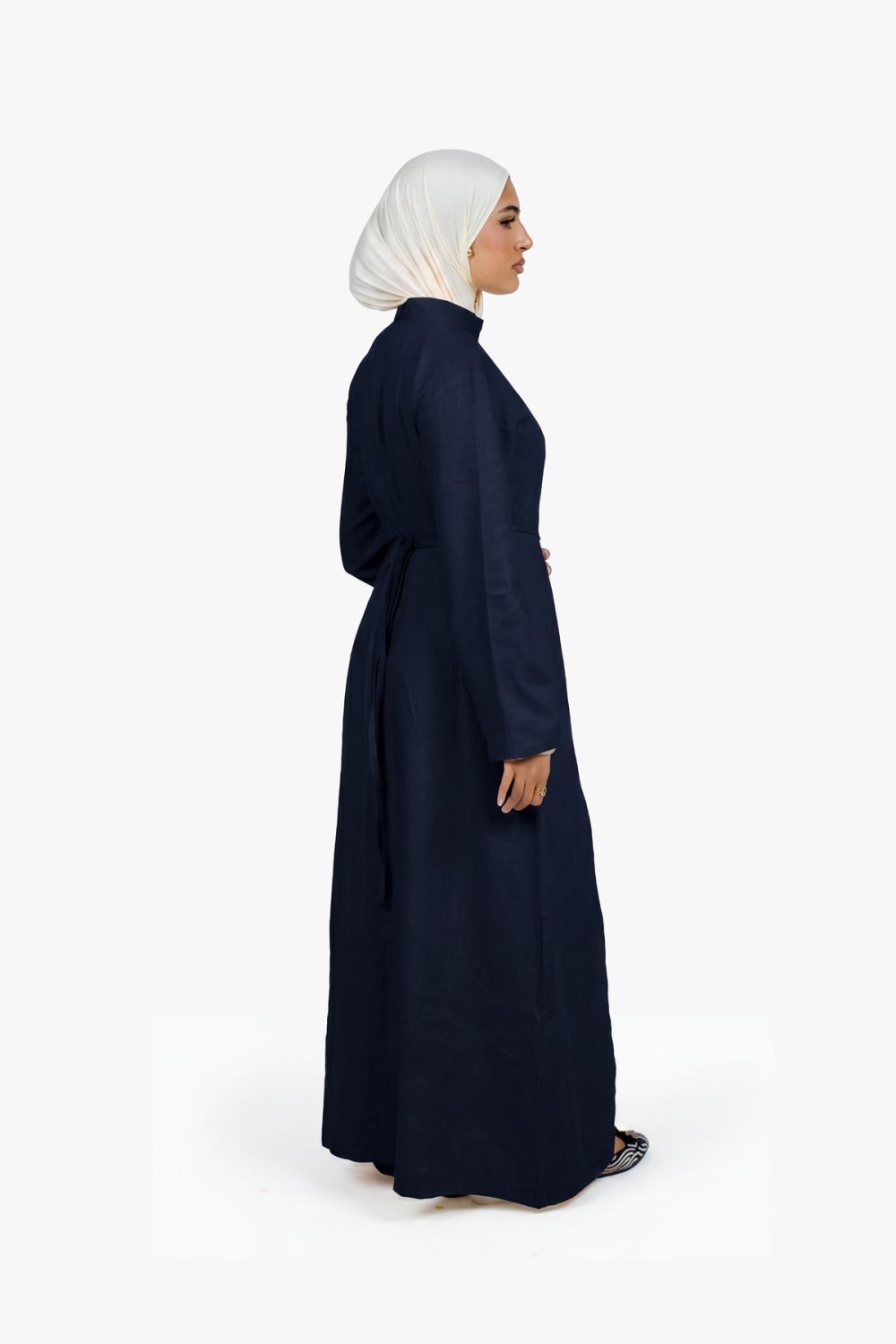 Robe longue fendue en lin et coton - Bleu marine