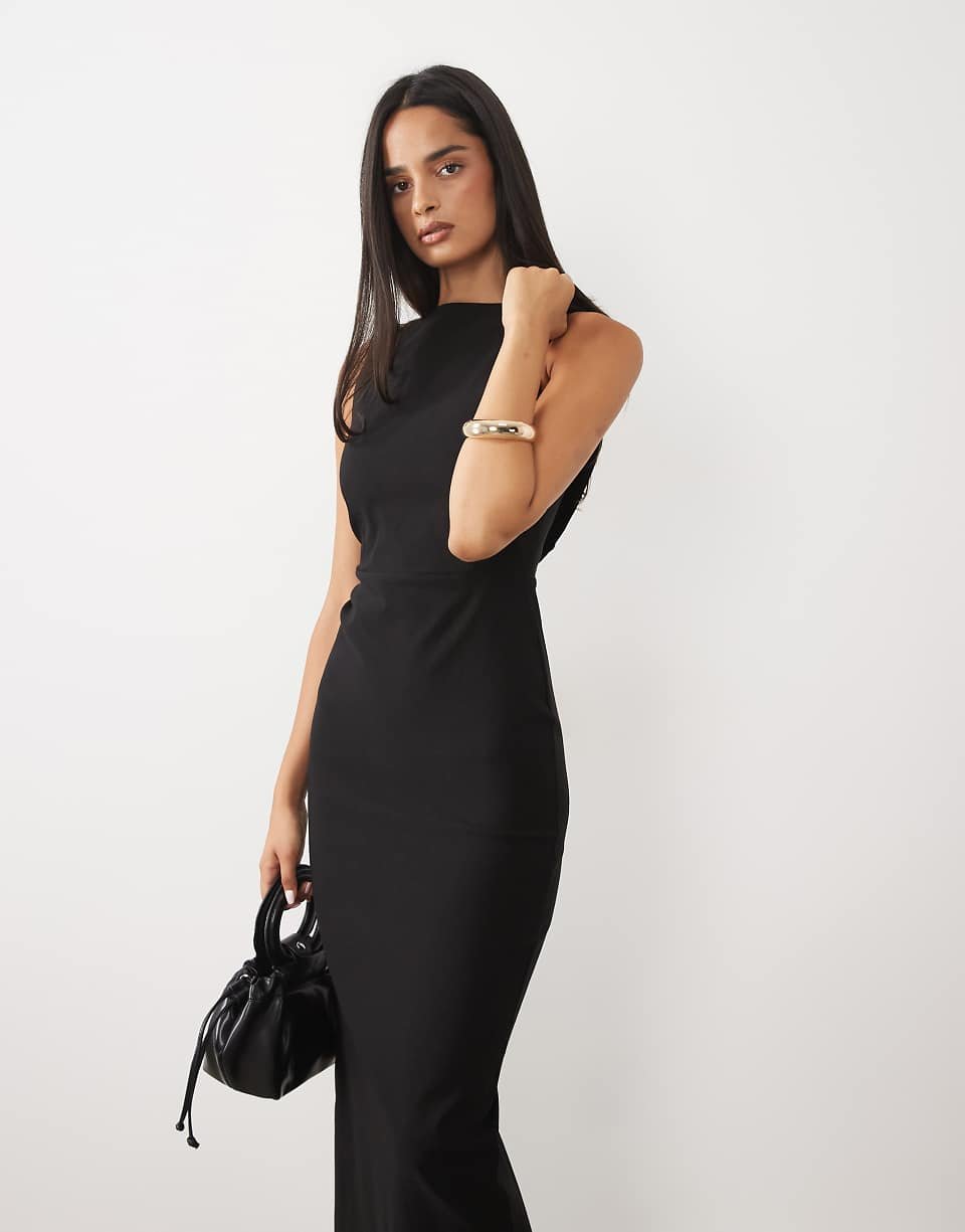 Bengaline maxi dress with draped back - Black