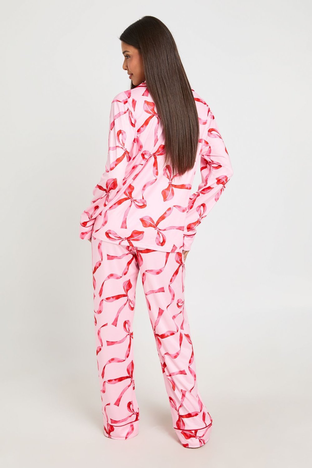 Pink bow print shirt and trouser pyjama set