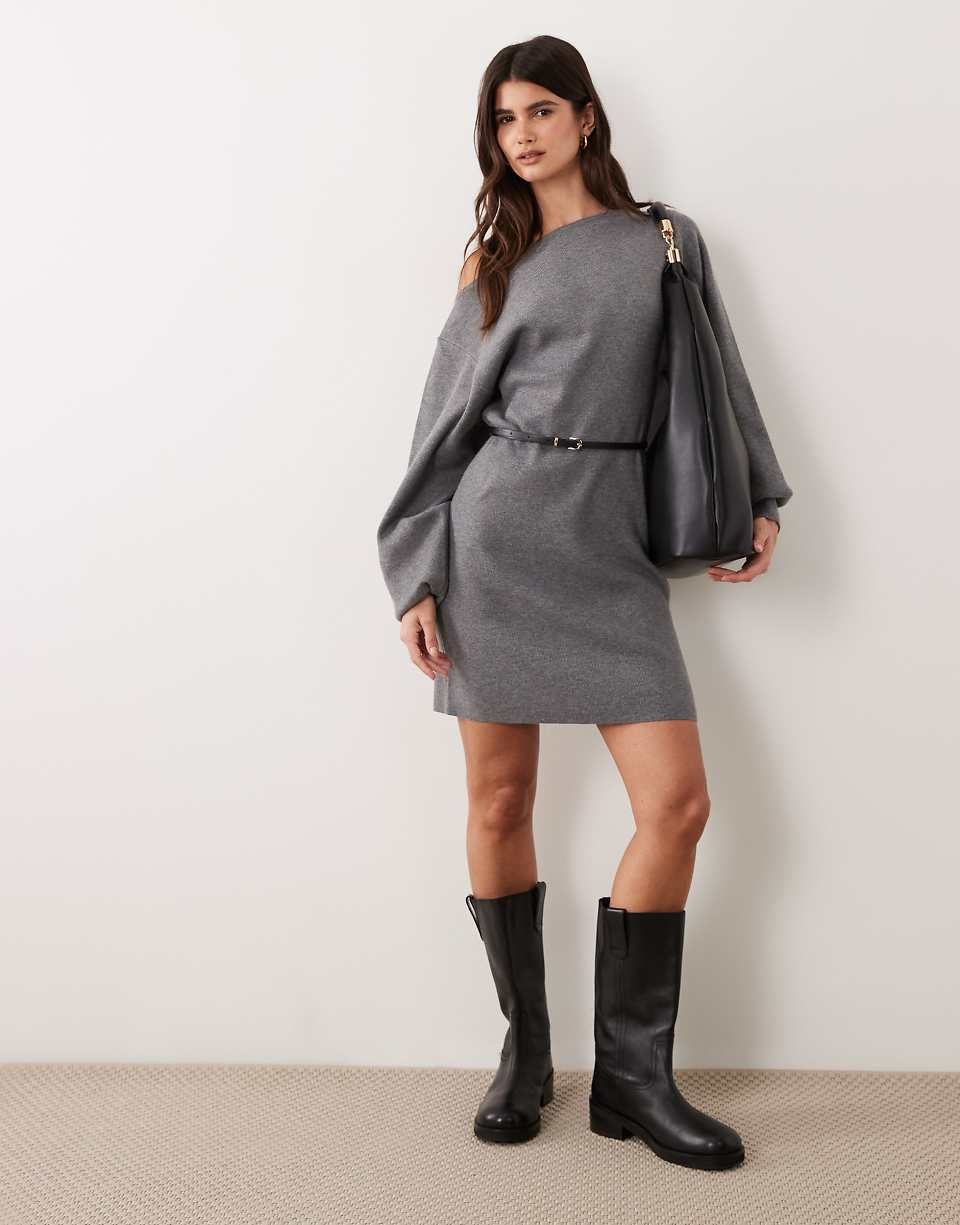 Robe-pull ceinturée à encolure bateau en charbon
