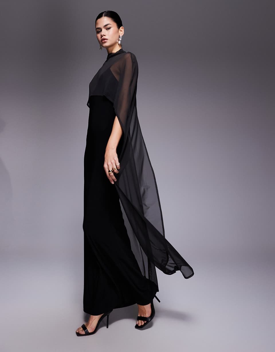 Maxi dress with oversized cape detail - Black