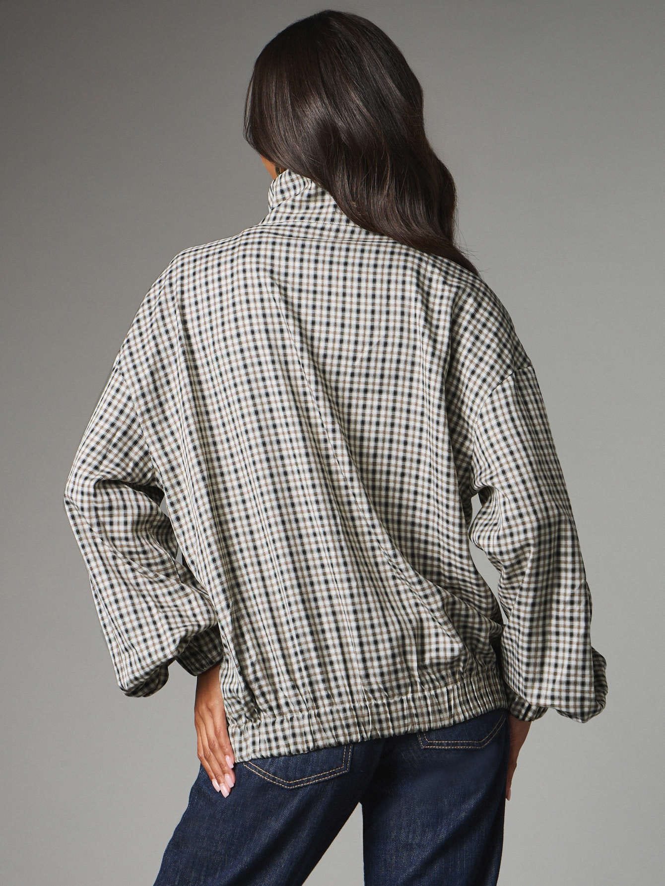 Check Bomber Jacket With Zip And Elasticated Hem