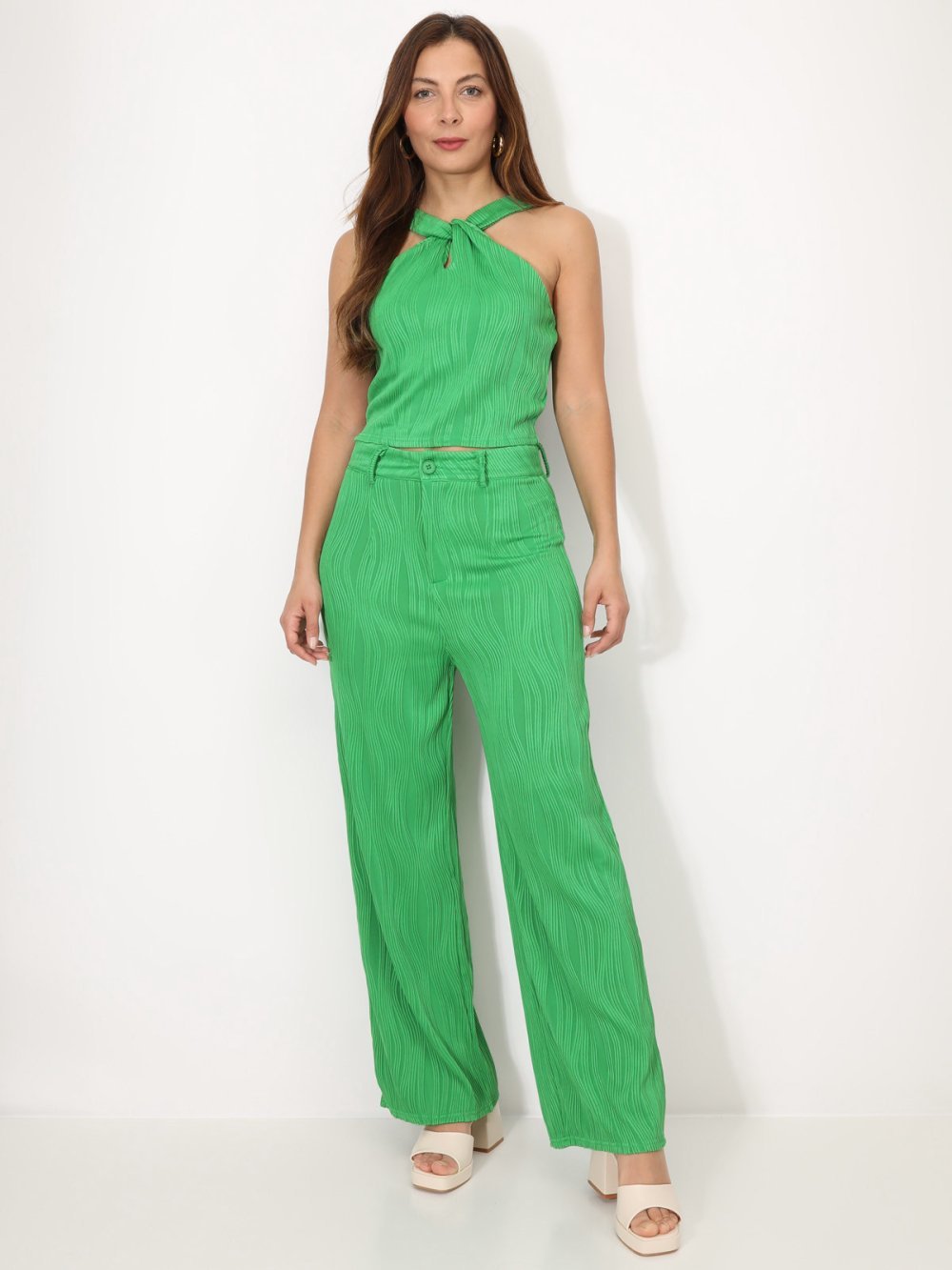 Green halter top and flared trousers set