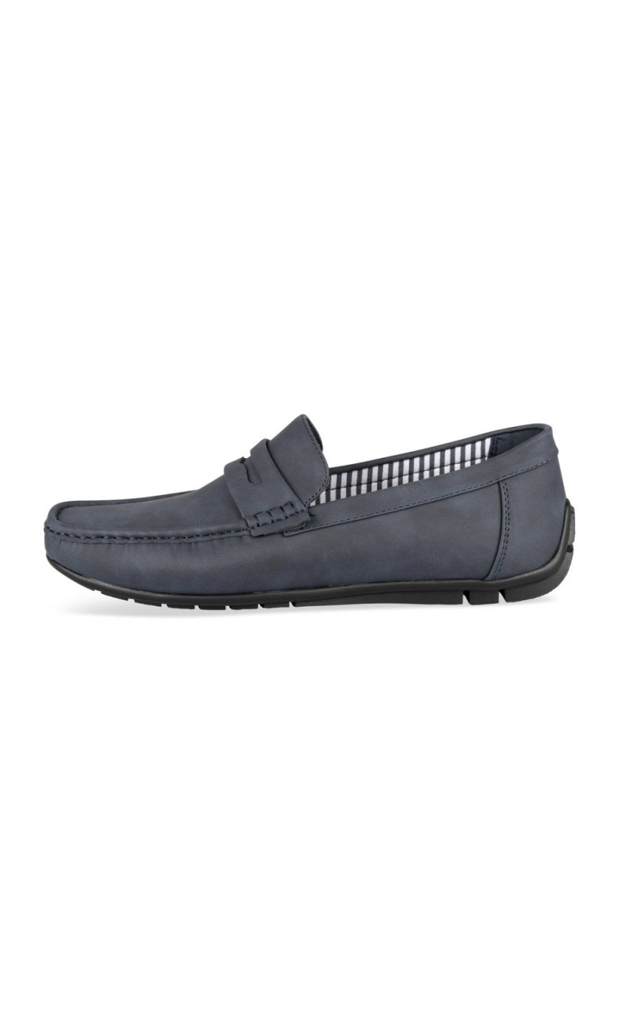 Navy penny loafers, striped lining