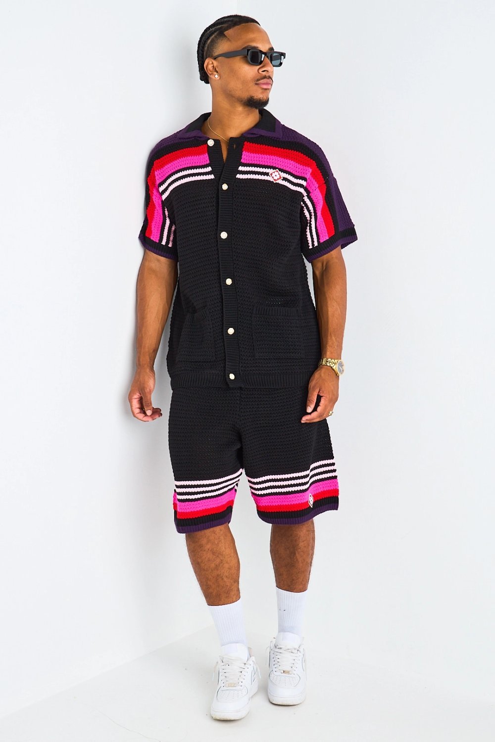 Black and pink crochet cardigan and shorts set