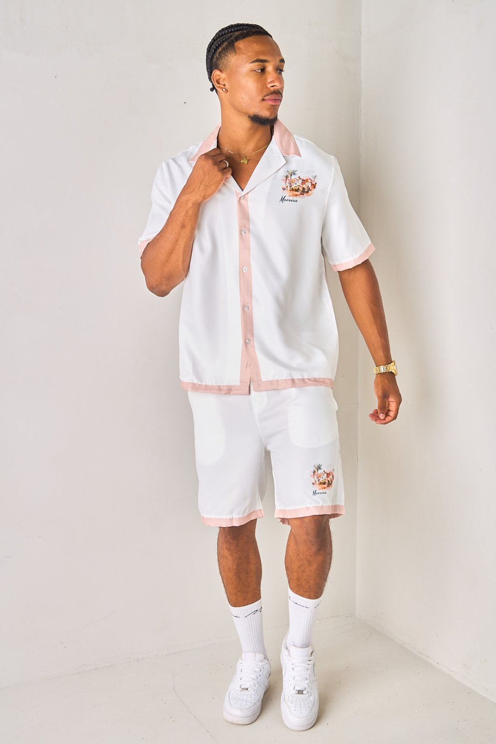 Beige Morocco print shirt and shorts set