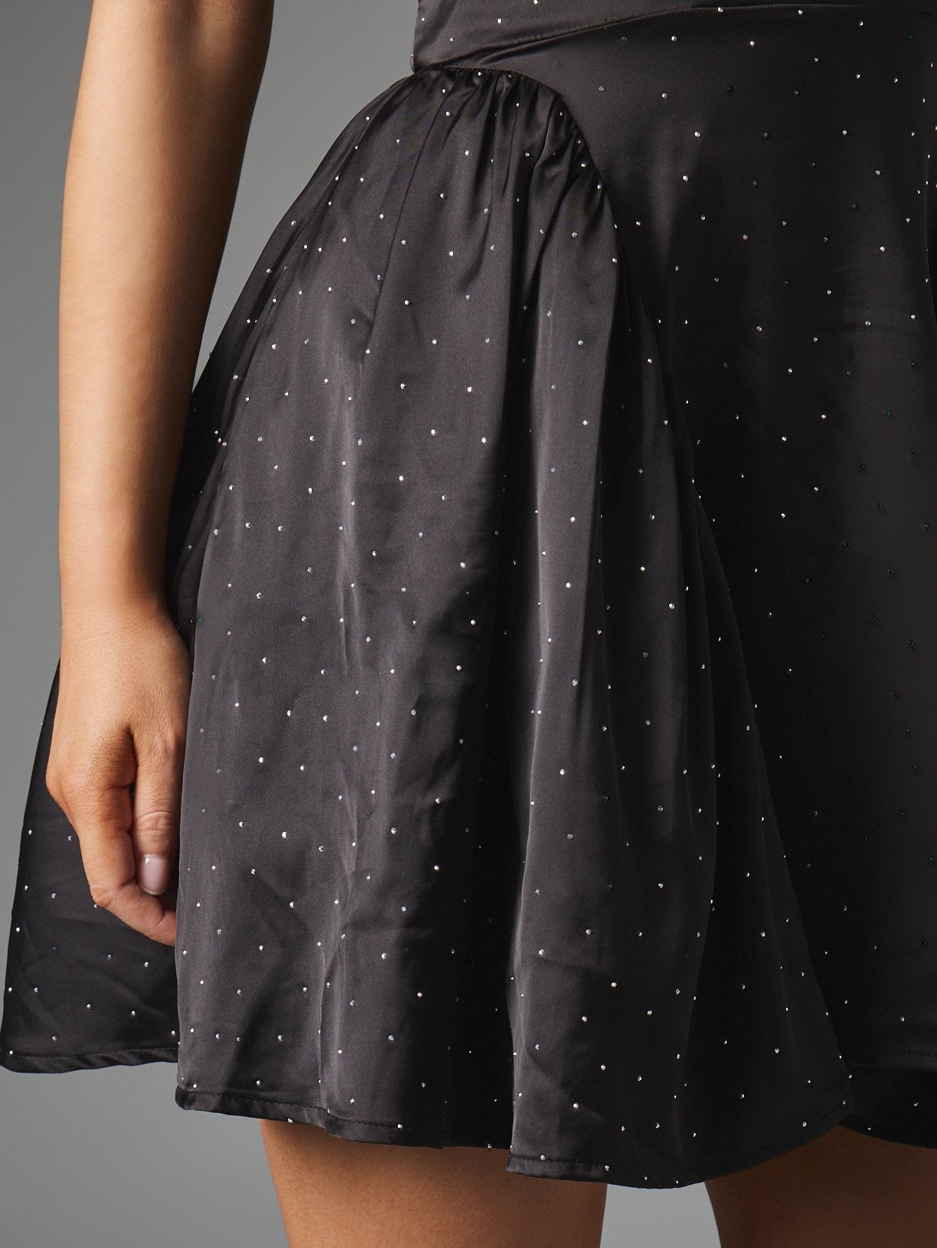 Satin flared halter mini dress with rhinestones