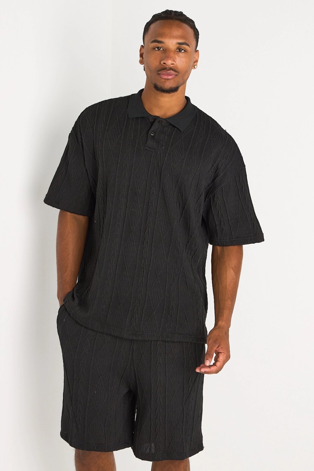 Black braided knit polo and shorts set
