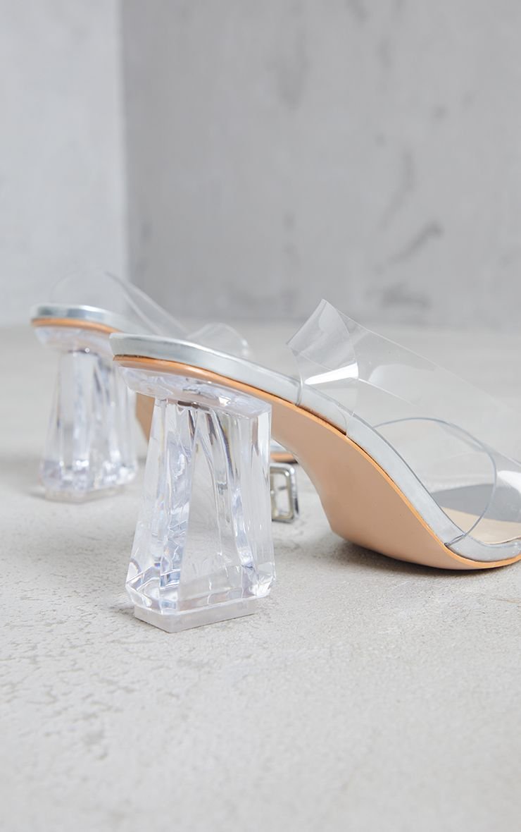 Silver block heel clear ankle strap sandals