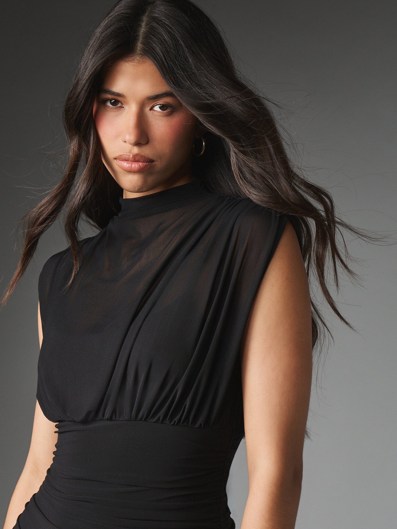 High neck mesh panel bodycon midi dress