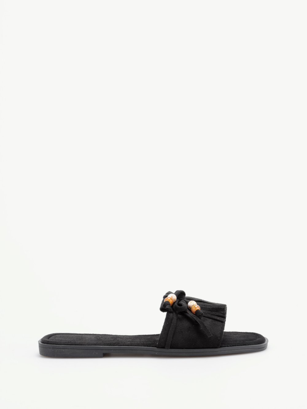 Mules en suédine à franges et perles noires
