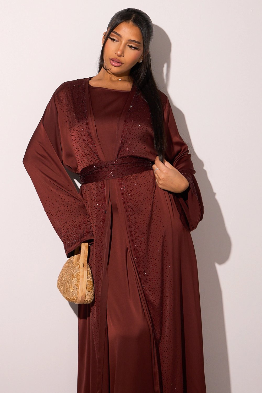 Ensemble robe et kimono à strass brique