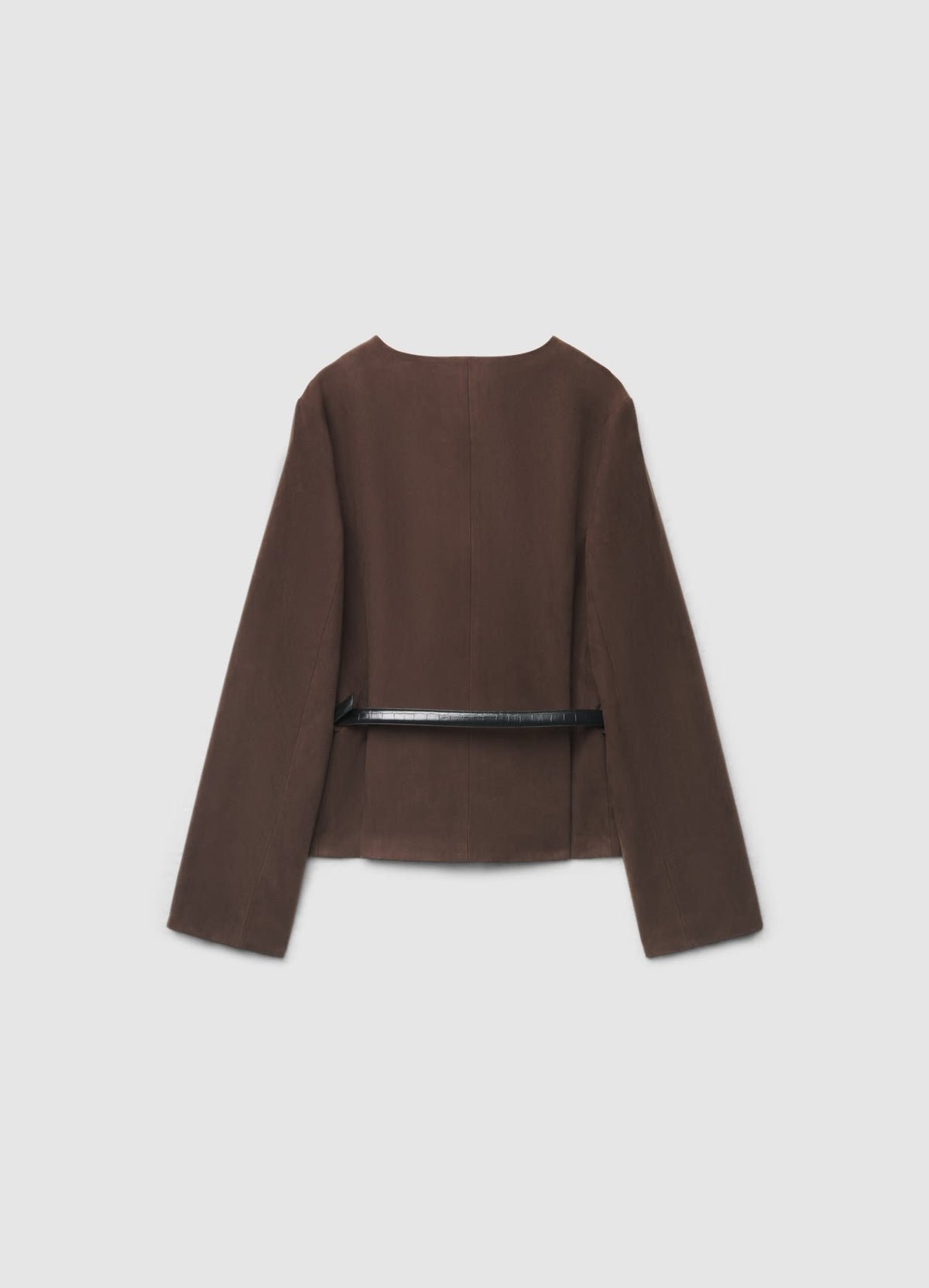 Belted collarless suede-effect jacket