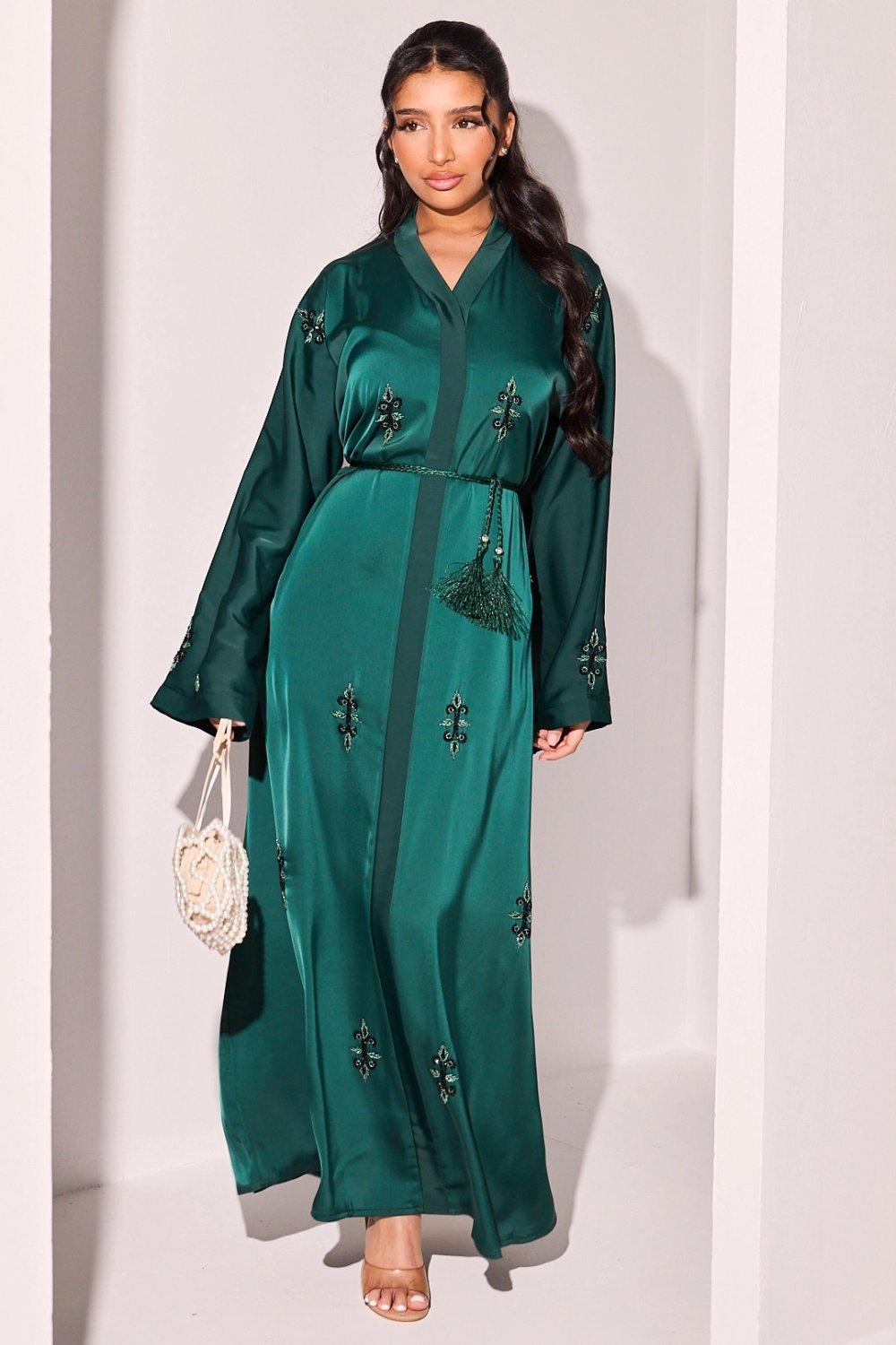 Dark green abaya with floral rhinestones