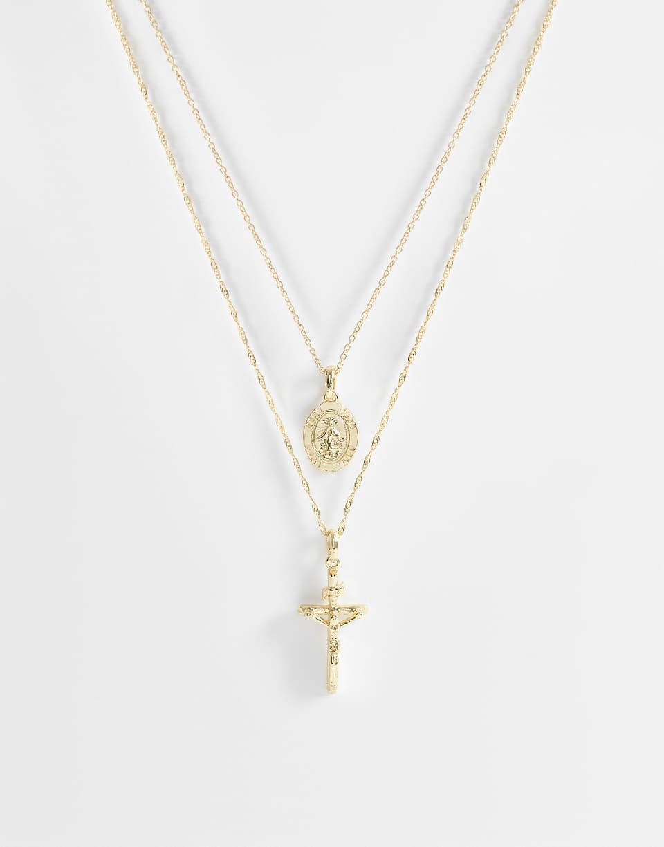 Collier à deux pendentifs croix et Saint-Christophe - Doré
