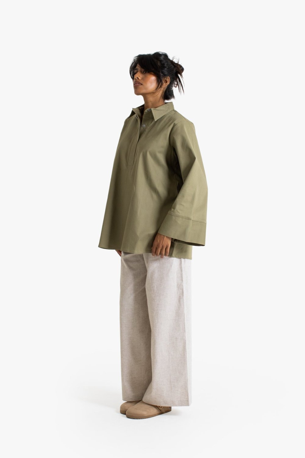 Oversized cotton collared top - Olive green