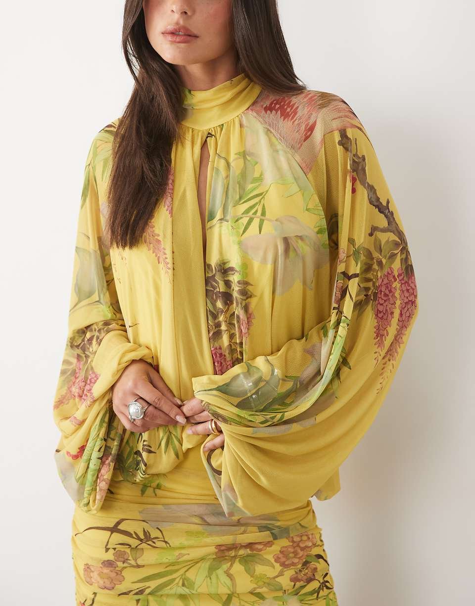 Short floral-print tulle drop-waist blouson dress with tie neck in chartreuse green