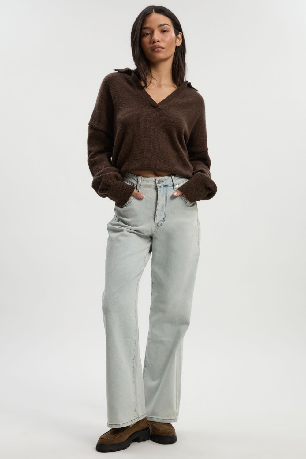 Pale blue high-waisted wide leg jeans