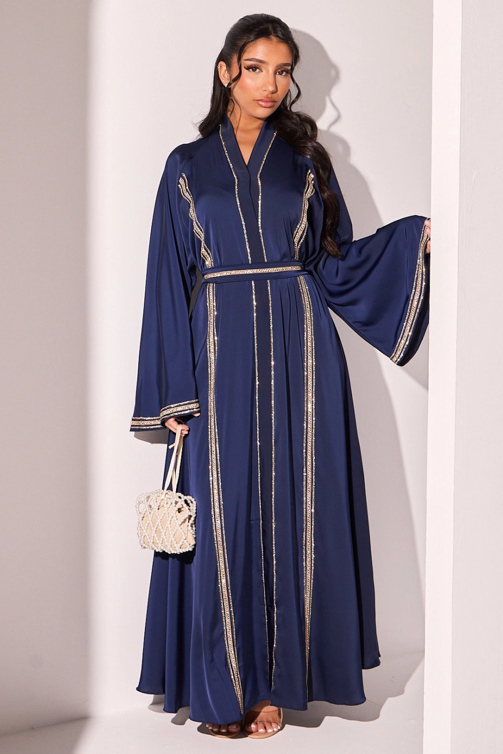 Dark blue abaya with two-tone rhinestone bands