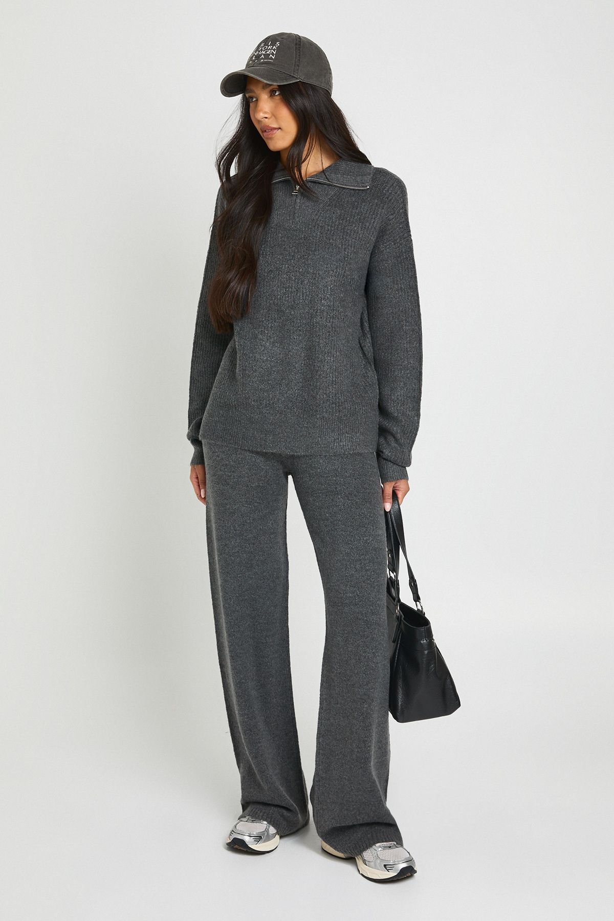 Ensemble Coordonné Grande Taille Synthétiquell Surdimensionné Col Zippé Et Pantalon En Maille Épaisse