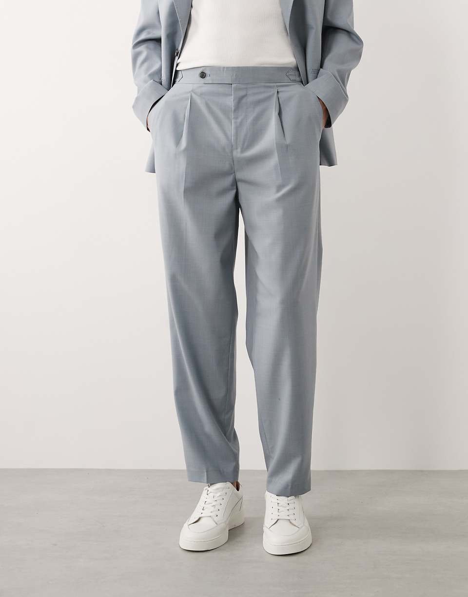 Premium linen and wool relaxed tapered suit trousers - Light blue