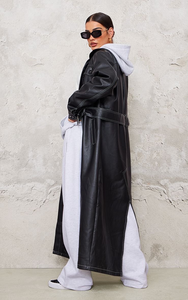 Olive PU Trench Coat With Contrast Stitching And Split Hem