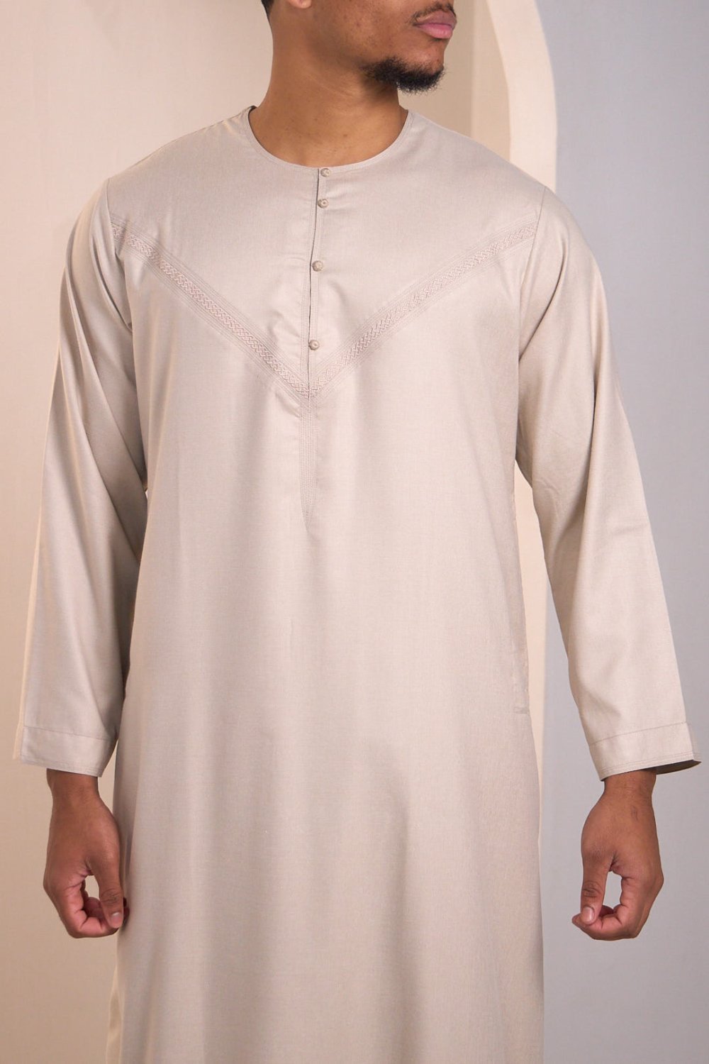 Qamis chiné col rond b boutons beige